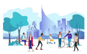 People walking, cycling and using scooters