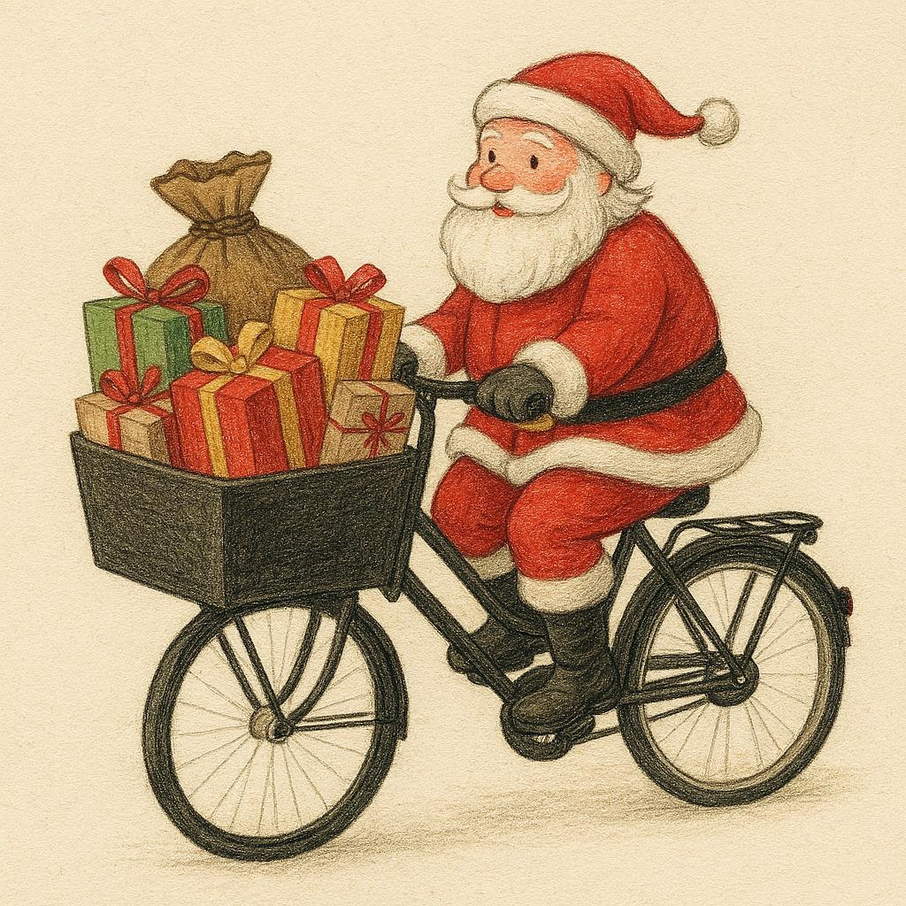 Image of santa on a bicycle with gifts